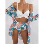 Damen Bikini-Set mit hochgeschnittenem Slip und floralem Kimono
