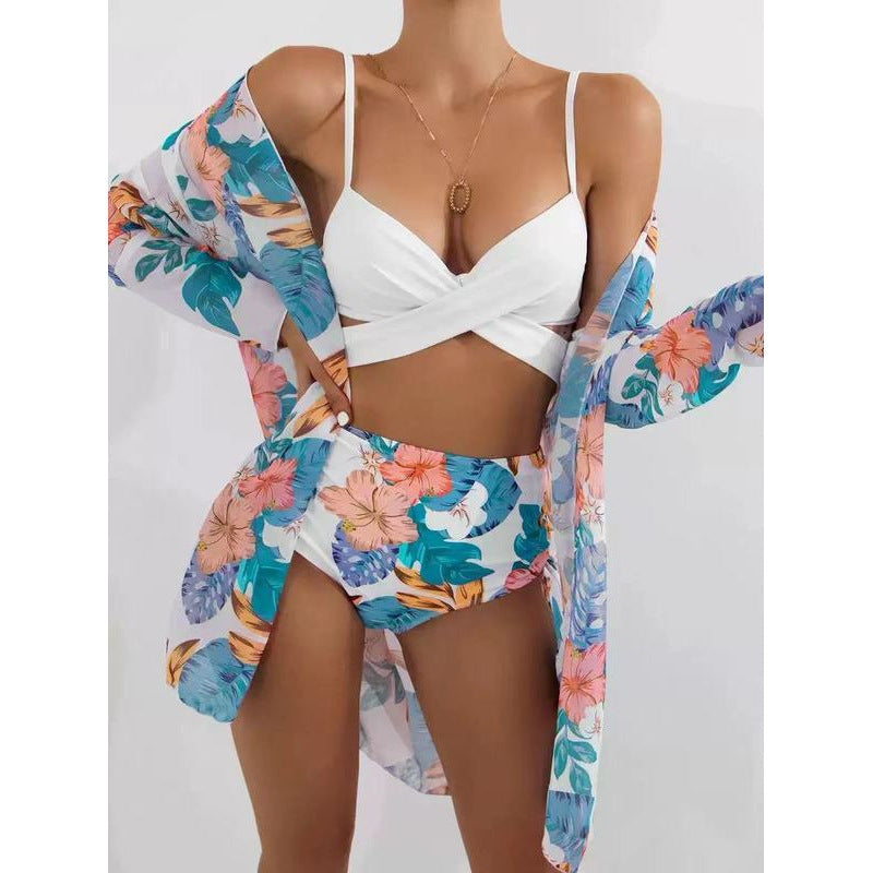 Damen Bikini-Set mit hochgeschnittenem Slip und floralem Kimono