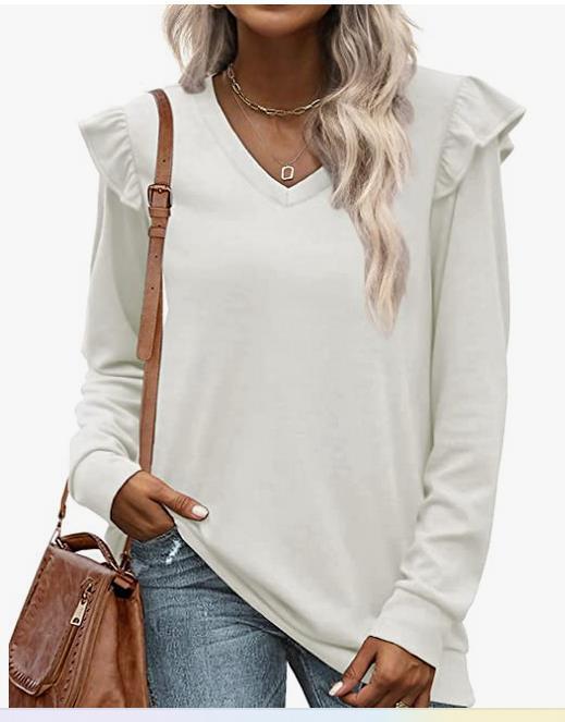 Damen V-Ausschnitt Langarmshirt mit Rüschendetails und lockerem Schnitt R&B