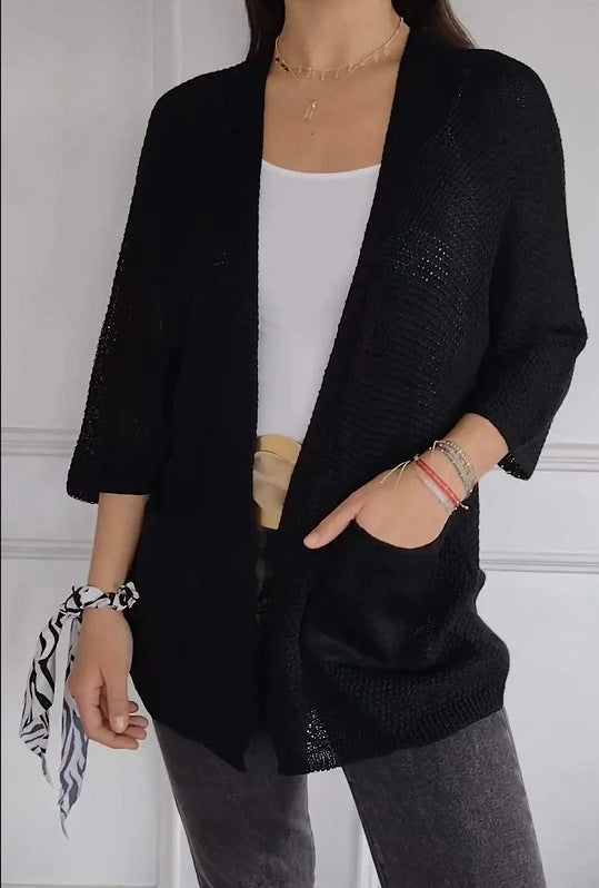 Damen lässige Strickjacke mit offener Vorderseite und praktischen Taschen R&B