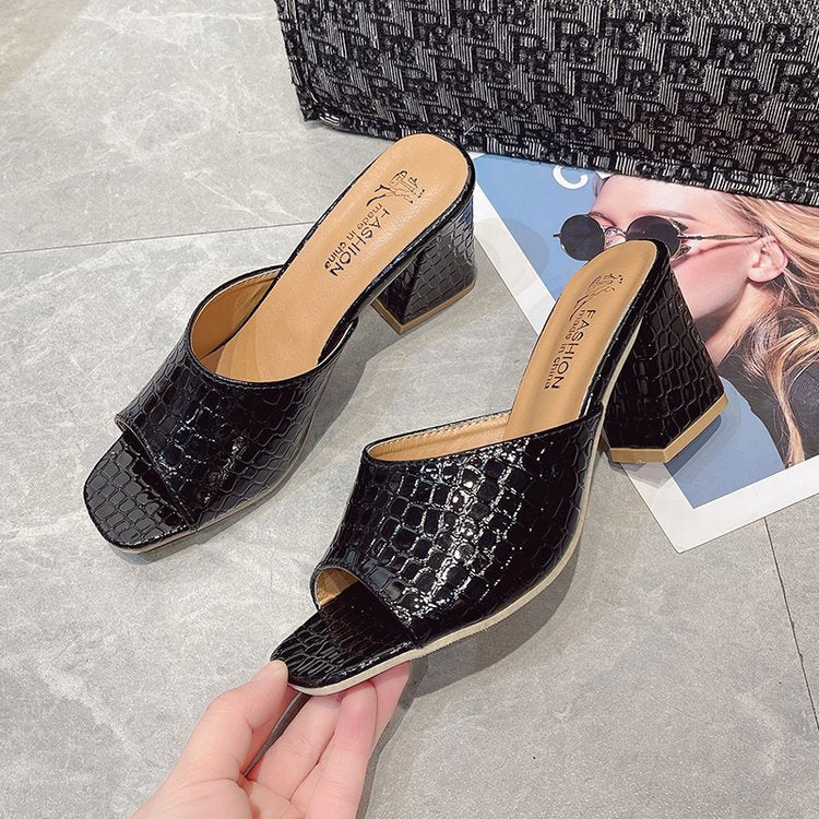 Damen Schicke Peeptoe-Pantoletten aus hochwertigem Leder mit Kroko-Optik R&B