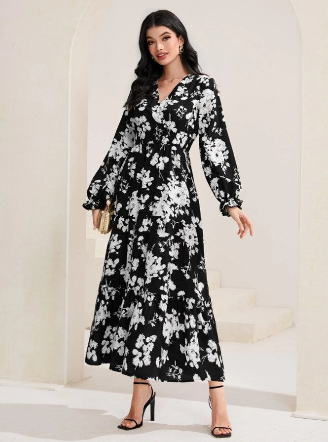 Damen Elegantes Maxikleid mit floralen Details und V-Ausschnitt R&B