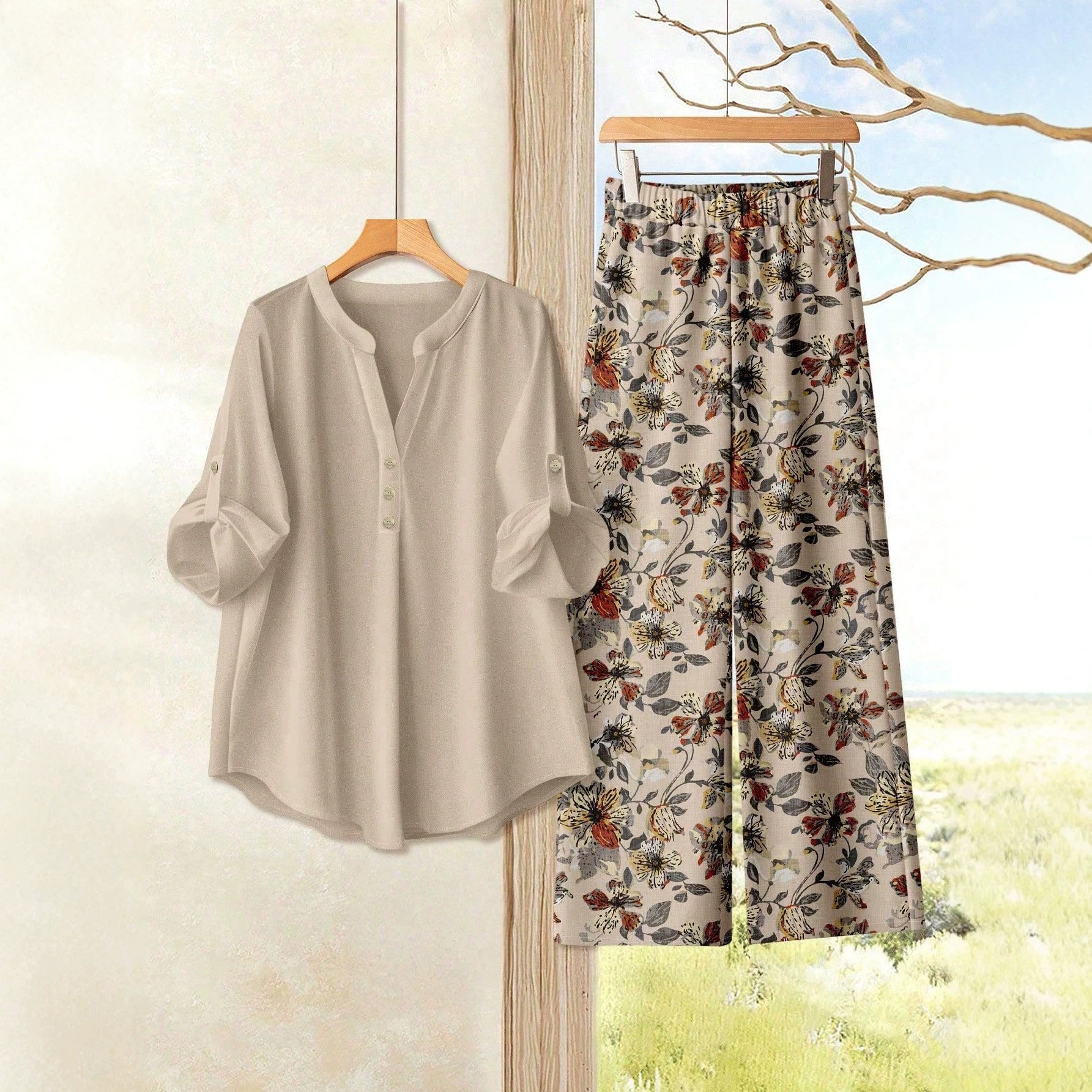 Damen Freizeitoberteil und Blumenhose R&B