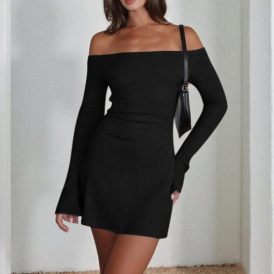Damen elegantes schulterfreies Minikleid mit langen Ärmeln und figurbetontem Schnitt R&B
