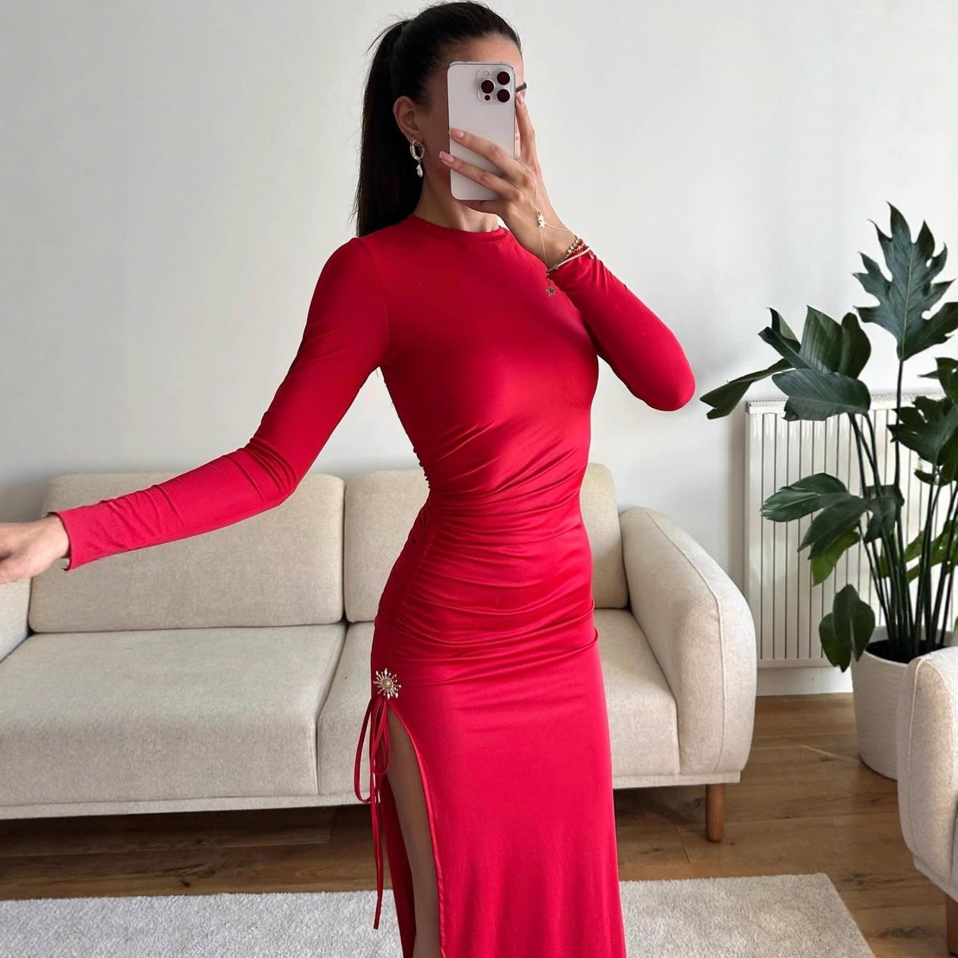 Damen elegantes, figurbetontes Kleid mit Raffungen und hohem Schlitz R&B