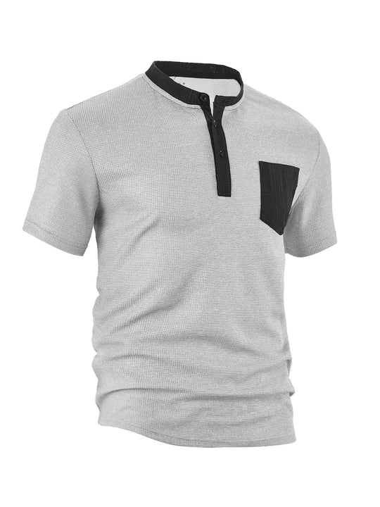 Herren nan atmungsaktives Waffel-Henleyshirt mit Stehkragen kurzer Knopfleiste und aufgesetzter Brusttasche R&B