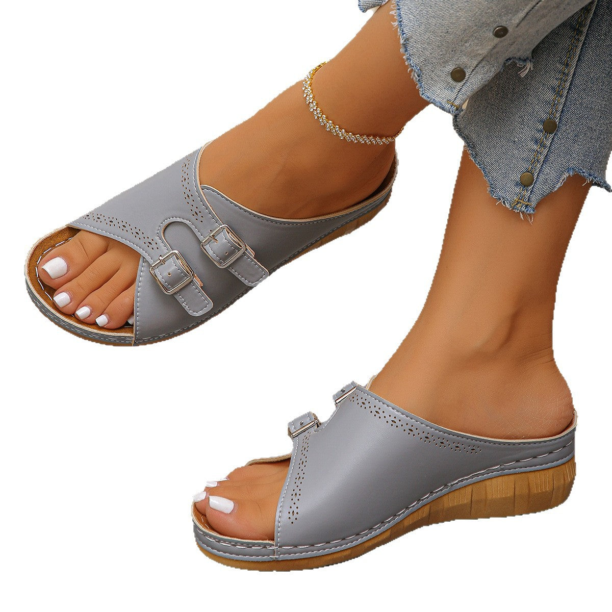 Damen Komfortable Wedge-Pantoletten mit modischen Doppelriemen und anatomischem Fußbett R&B