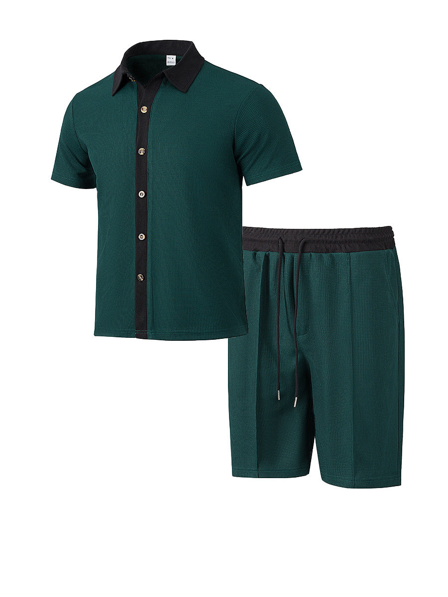 Herren nan modernes Freizeit-Set aus feinem Strukturjersey mit Hemdkragen-Knopfleiste und Kordel-Shorts R&B