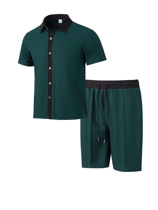 Herren nan modernes Freizeit-Set aus feinem Strukturjersey mit Hemdkragen-Knopfleiste und Kordel-Shorts R&B