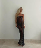 Damen transparenter Maxi-Kleid mit gepunktetem Design und verführerischen Rüschendetails R&B