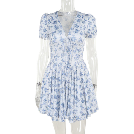 Damen verspieltes Blumenkleid mit voluminösem Rock und taillierter Taille R&B
