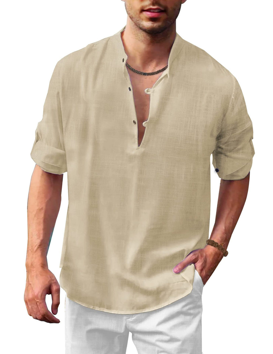Herren lässiges Leinenhemd mit kurzes Arm und Knopfdetail R&B