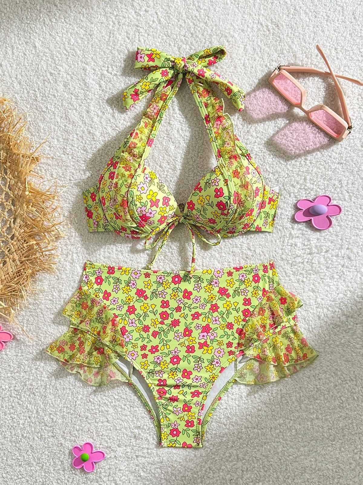 Damen Retro-Bikini-Set mit floralem Design und Rüschendetails R&B