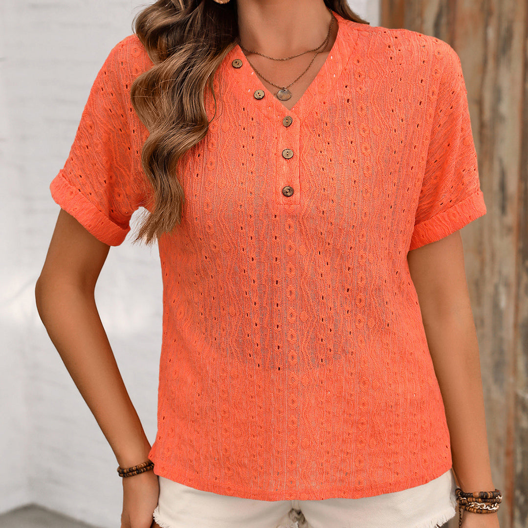 Damen Kurzarm Bluse mit Knopfverschluss und strukturiertem Design R&B