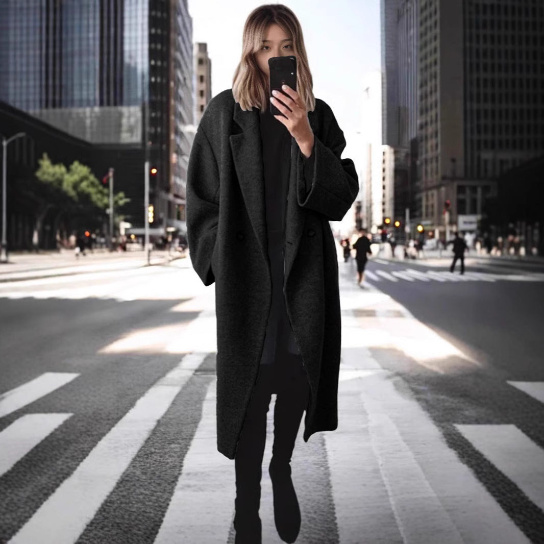 Damen Oversized Wollmantel mit doppelt-knöpfigem Design und lässigem Schnitt R&B
