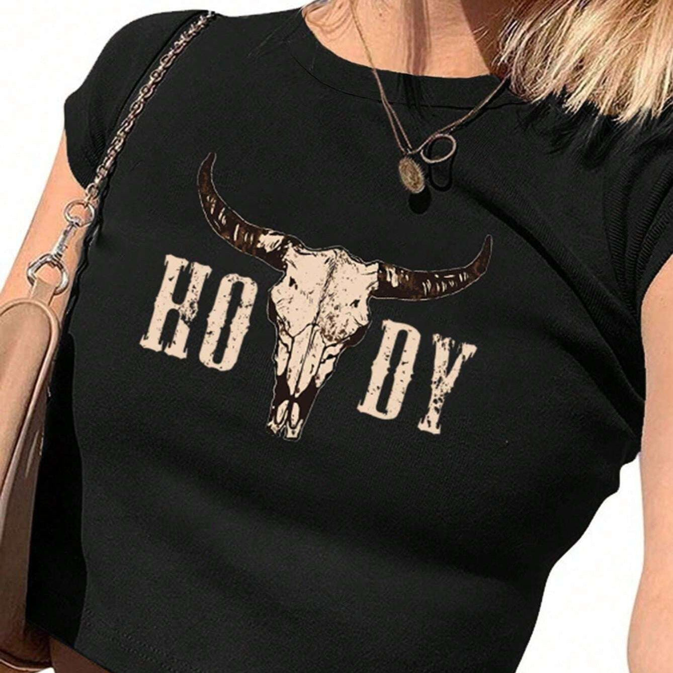 Damen Crop-T-Shirt mit kreativen Cow Skull Design R&B