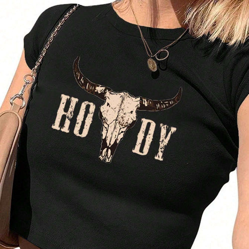 Damen Crop-T-Shirt mit kreativen Cow Skull Design R&B