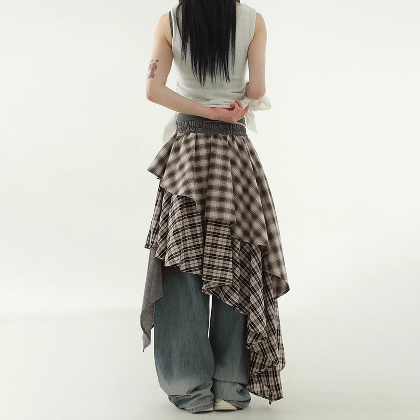 Damen asymmetrischer Wickelrock mit Karomuster und breitem Bindegürtel R&B