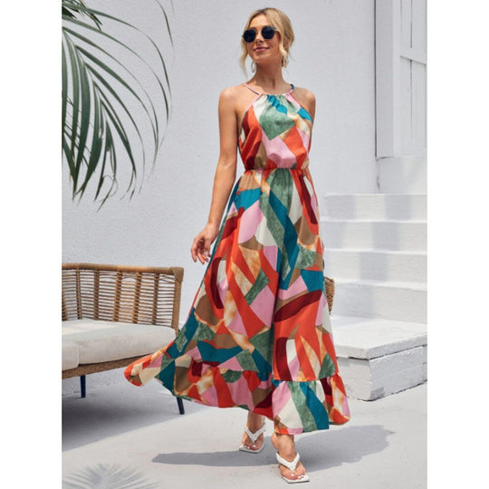 Damen Langes Maxikleid mit auffälligem geometrischem Muster und anpassbarem Träger R&B