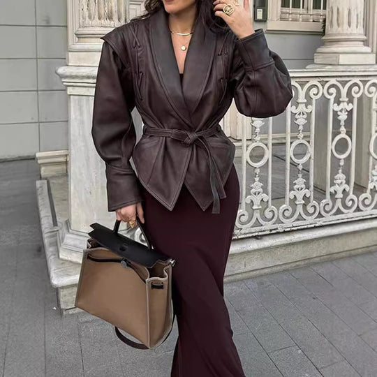 Damen Modische Bikerjacke mitTaillengürtel und dekorativen Nähten R&B