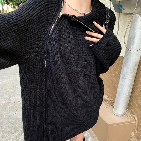 Damen lässiger Strickpullover mit seitlichem Reißverschluss und hohem Kragen R&B
