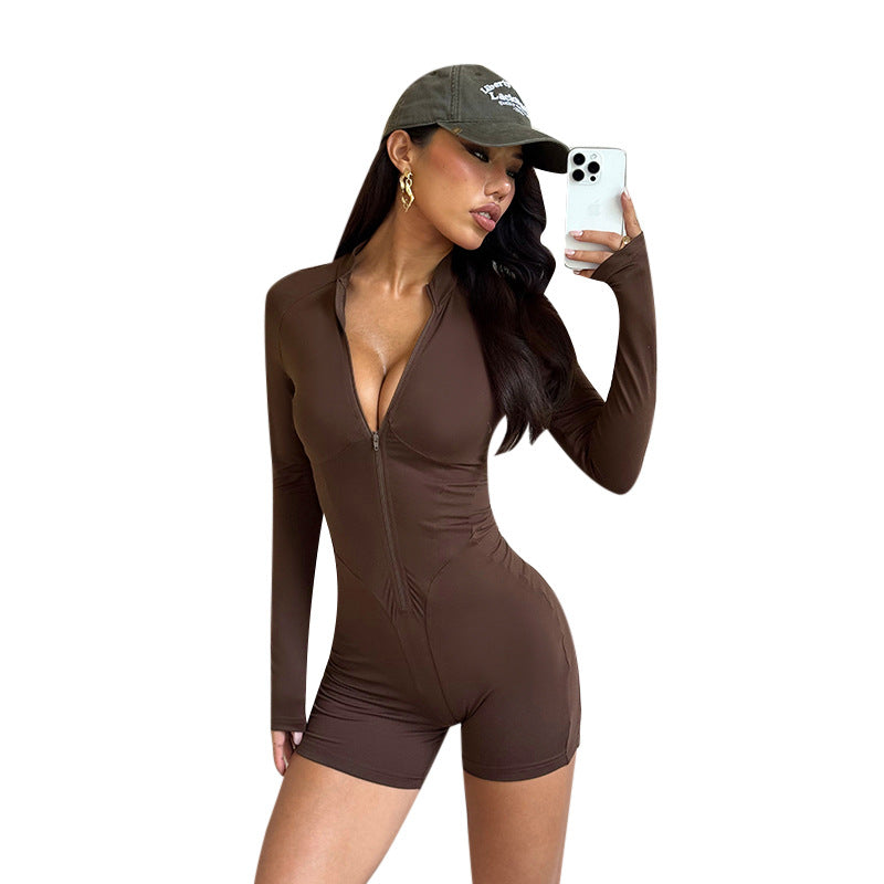 Damen figurausgleichender Langarm-Jumpsuit mit tiefem Ausschnitt und Reißverschluss R&B
