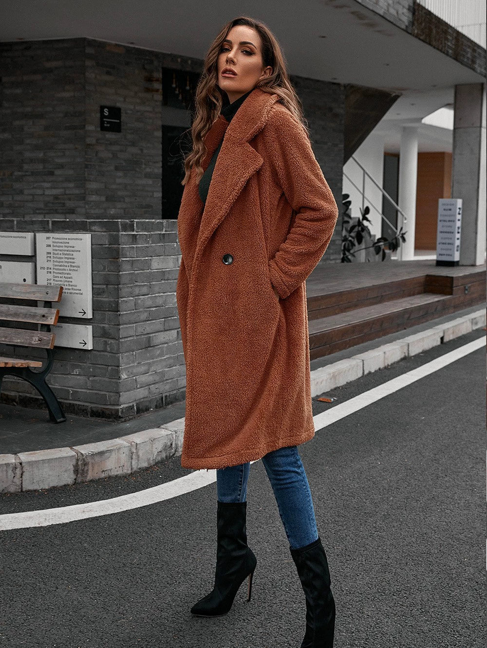 R&B | Windbreaker Jacke Lässige Passform Wolltextur Einreiher mittellang