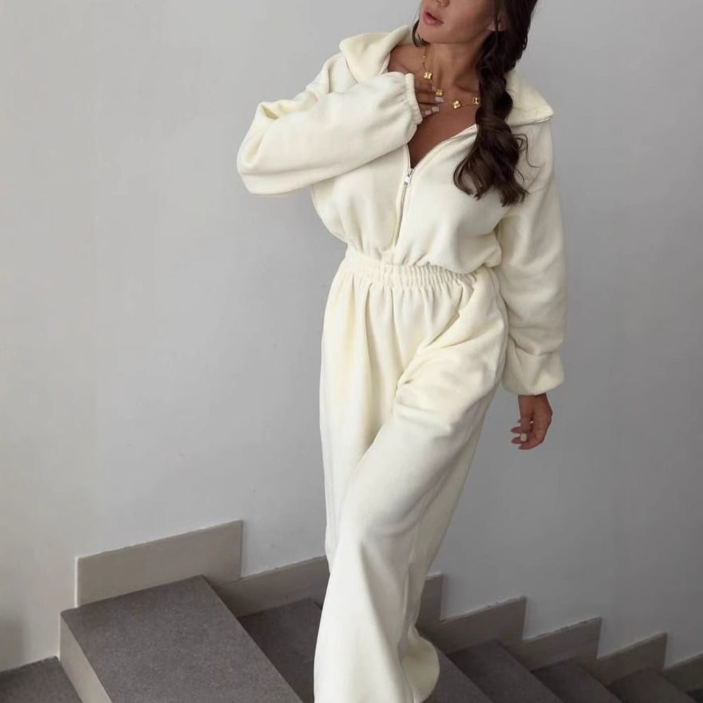 Damen modisches Fleece-Overall mit hochgeschlossenem Kragen und elastischem Bund R&B