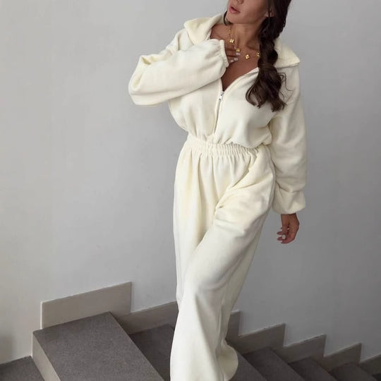 Damen modisches Fleece-Overall mit hochgeschlossenem Kragen und elastischem Bund R&B