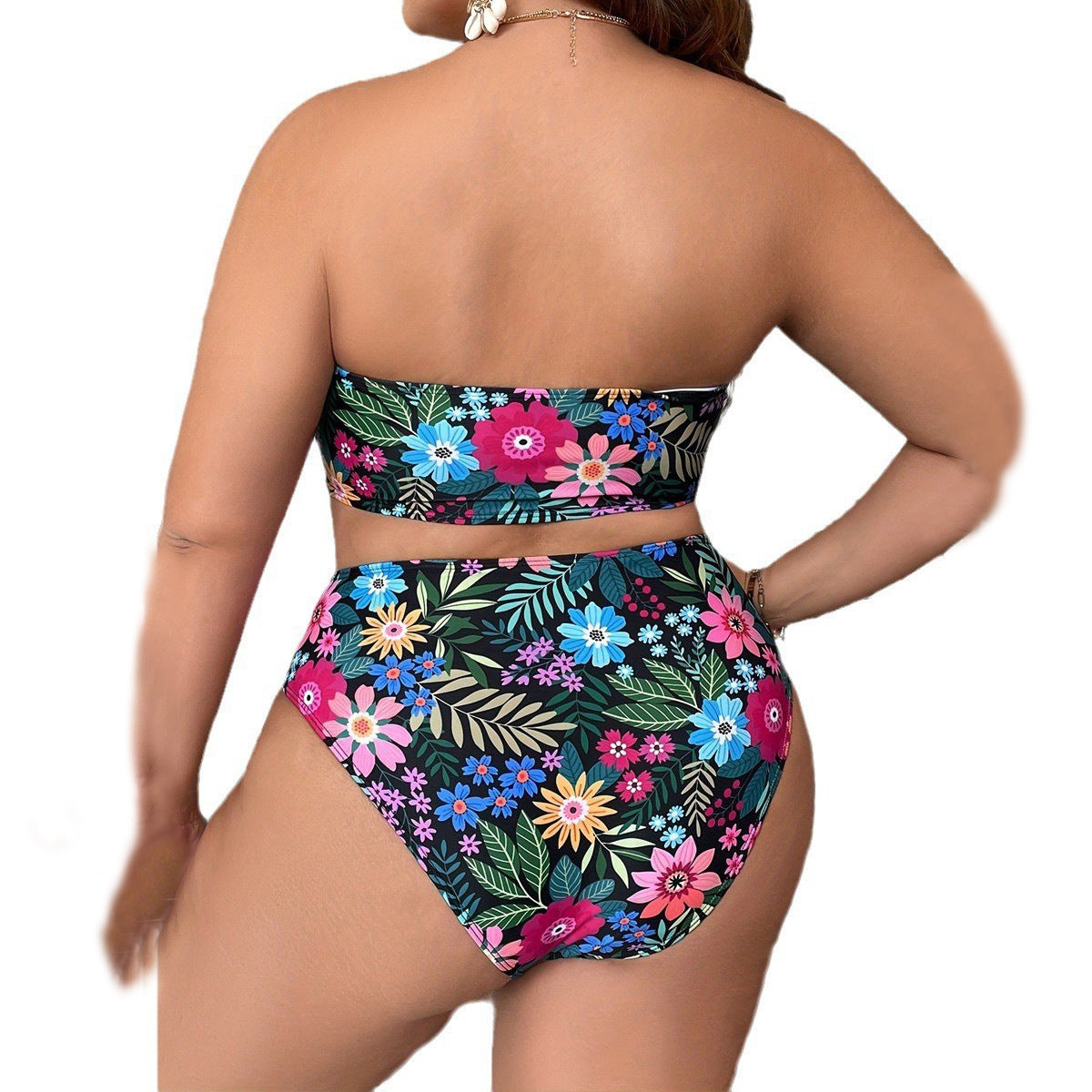 Damen Bandeau-Bikini mit floralem Design und hohem Bundeschnitt R&B