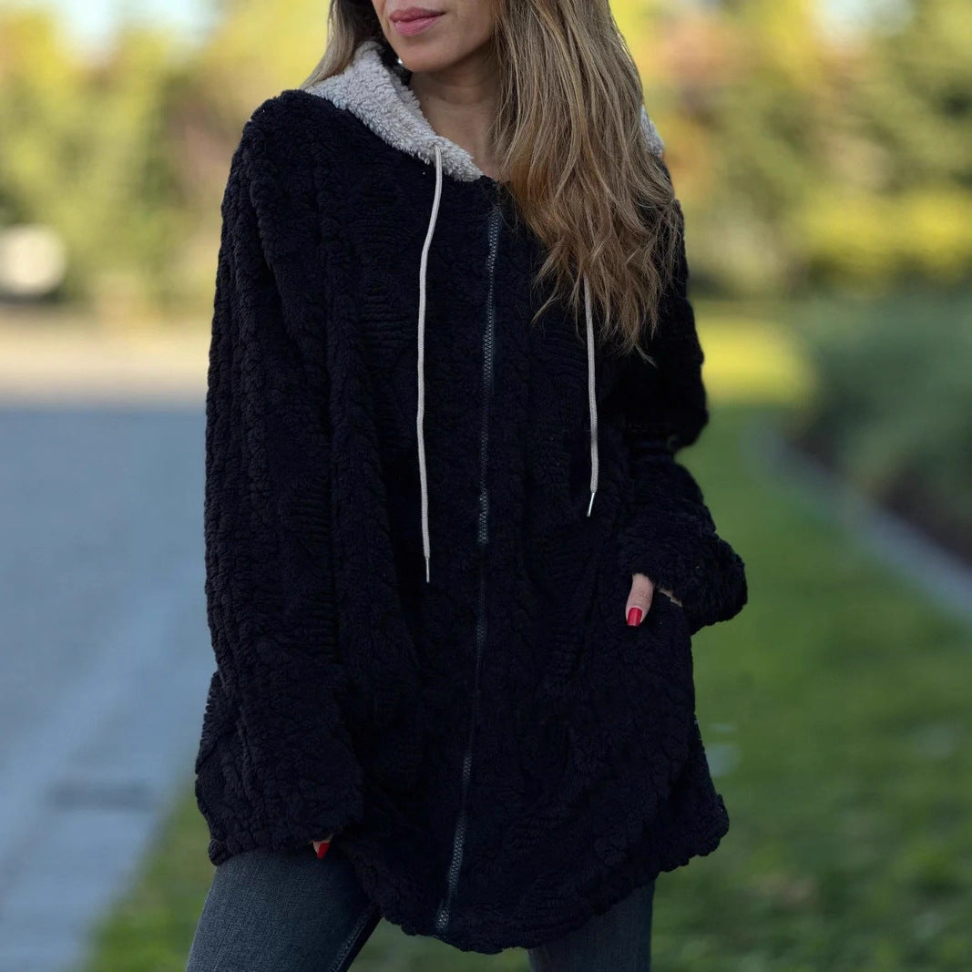 Damen Übergroße Fleecejacke mit Kapuze und Reißverschluss