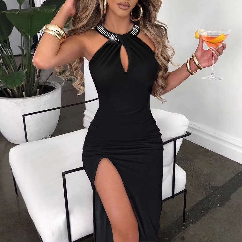Damen Elegantes Schlauchkleid mit Strassdetails und sexy Beinschlitz R&B