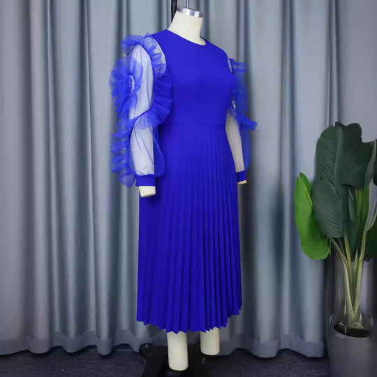 Damen plissiertes Kleid mit voluminösen Tüllärmeln R&B