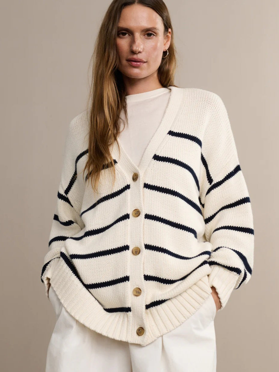 Damen Modischer Streifen-Cardigan mit Knopfleiste und lässigem Schnitt