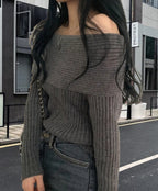 Damen Off-Shoulder Strickpullover mit elastischem Rippdesign R&B