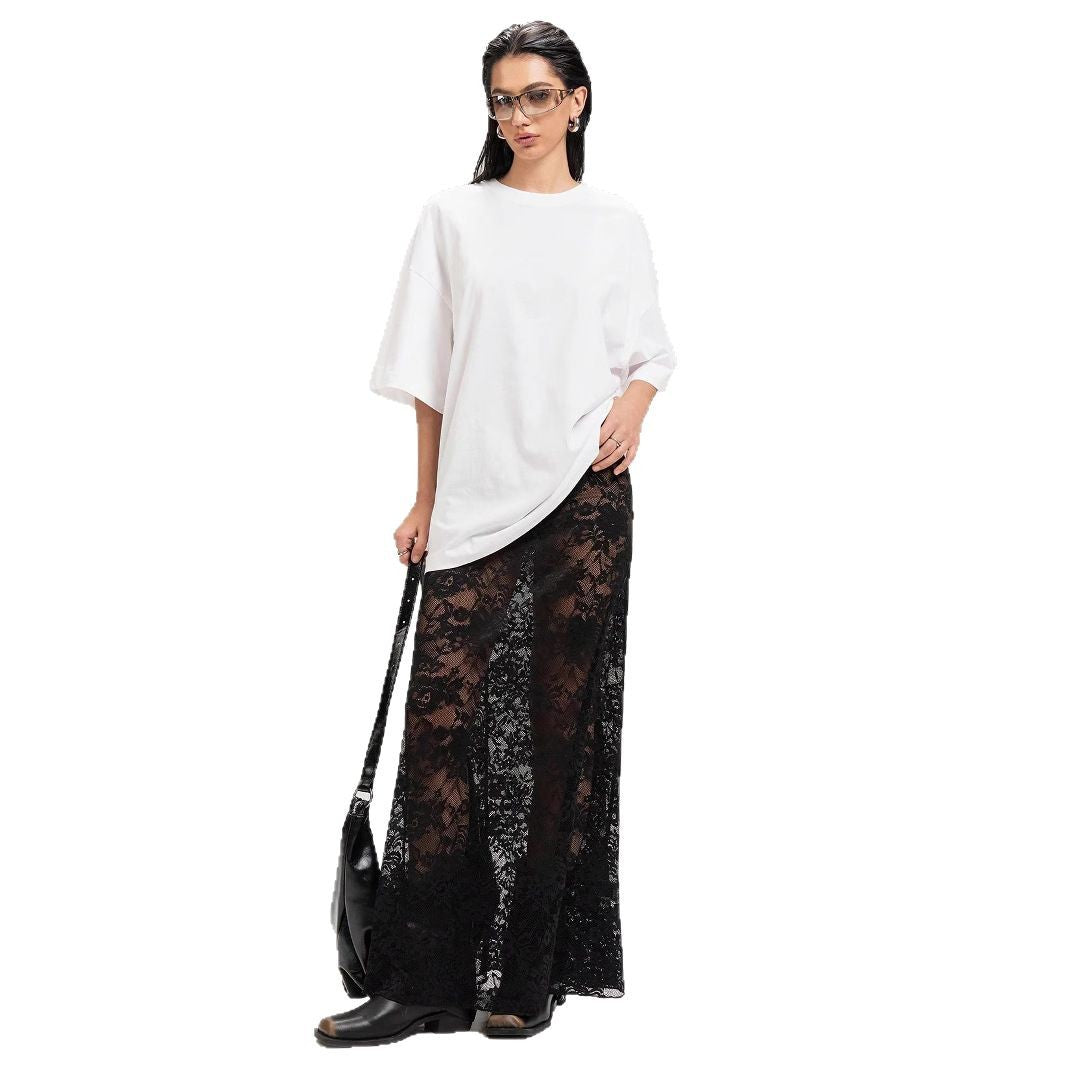 Damen nan weites Baumwollshirt und langer transparenter Spitzenrock R&B