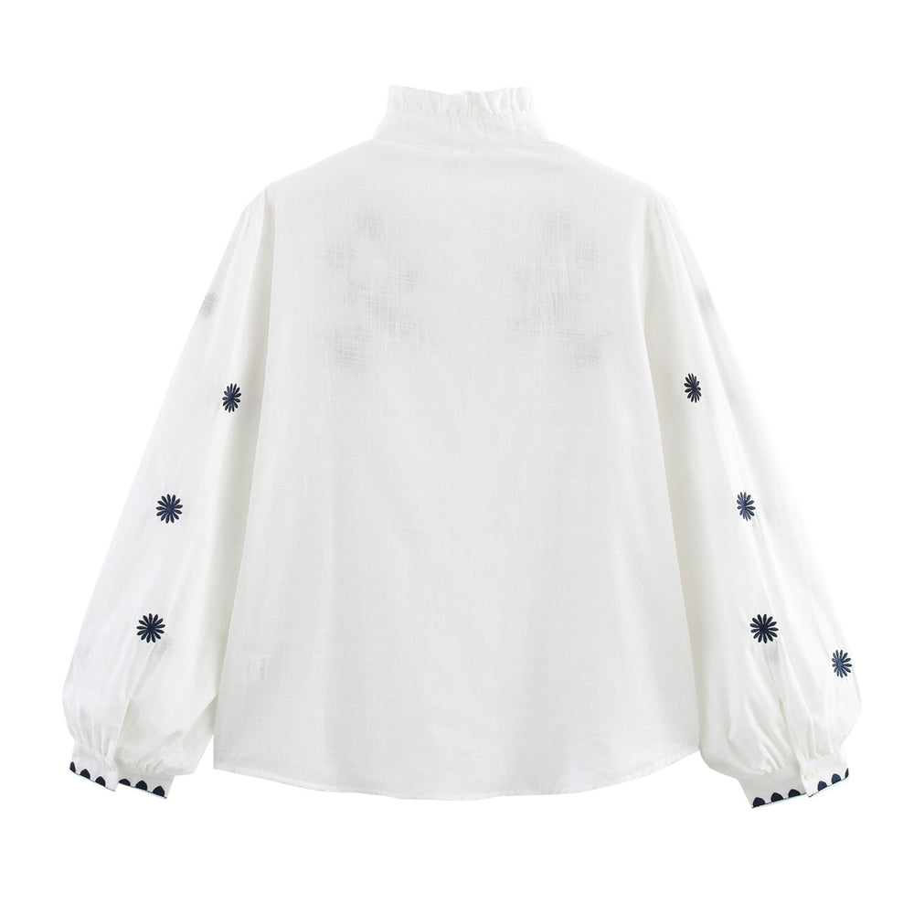 Damen Bestickte Bluse mit Stehkragen und langen Ärmeln R&B
