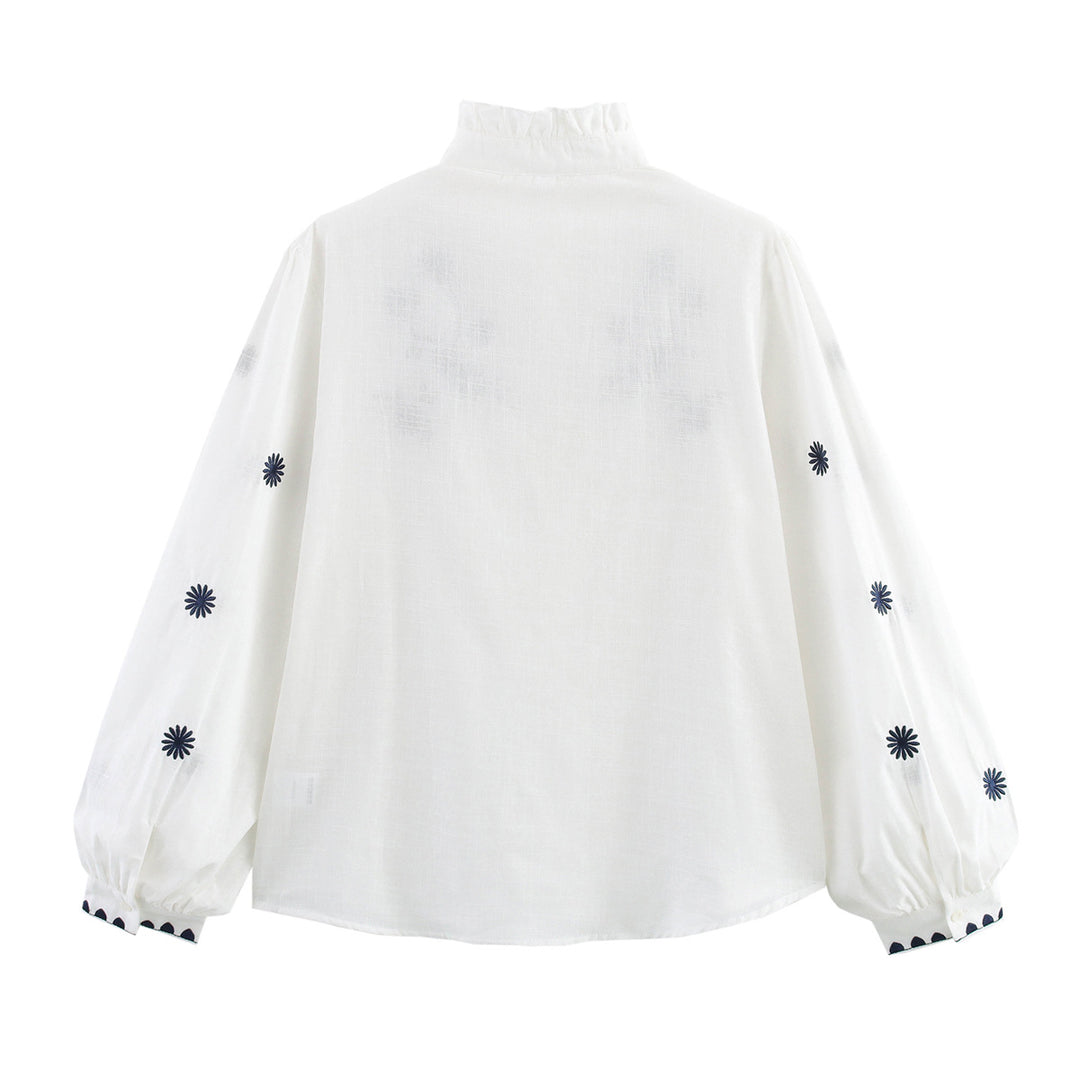 Damen Bestickte Bluse mit Stehkragen und langen Ärmeln R&B