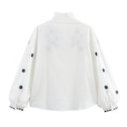 Damen Bestickte Bluse mit Stehkragen und langen Ärmeln R&B