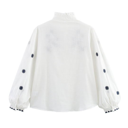 Damen Bestickte Bluse mit Stehkragen und langen Ärmeln R&B
