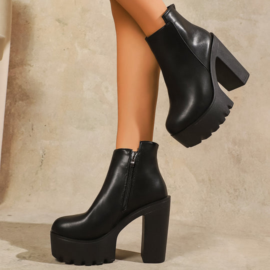 Damen Modische Plateau Stiefeletten mit markantem Blockabsatz und Reißverschluss R&B