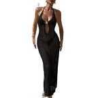 Damen Häkel-Strandkleid mit tiefem V-Ausschnitt und transparentem Netzdesign R&B