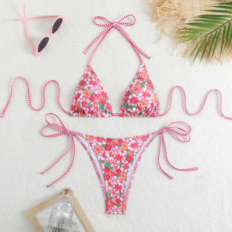 Damen Triangel-Bikini mit floralem Muster und verspieltem Bindeband R&B