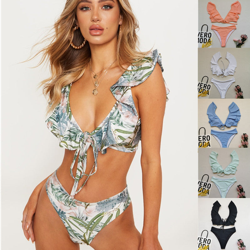 Damen Bikiniset mit Rüschen und Pflanzenmuster R&B