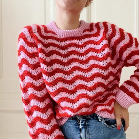Damen Strickpullover mit wellenförmigem Muster und großzügigem Schnitt R&B