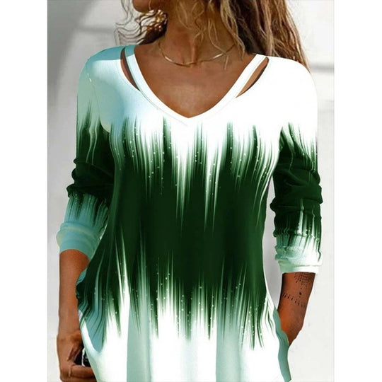 Damen Langarmshirt mit modischem V-Ausschnitt und einzigartigem Farbverlauf R&B