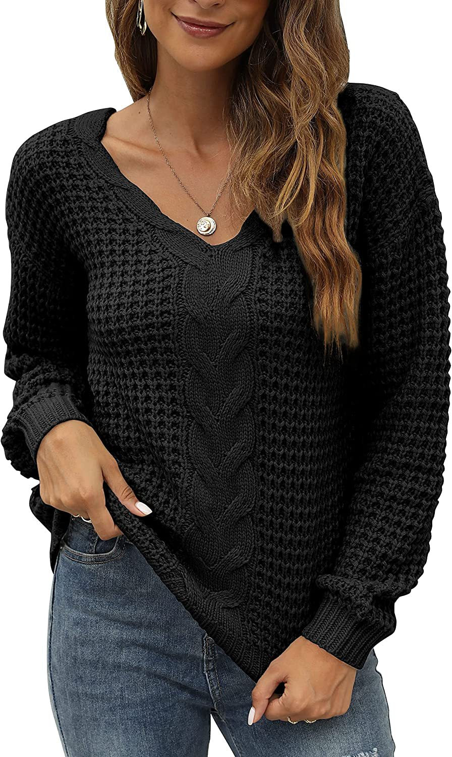 Damen lässiger Strickpullover mit tiefem V-Ausschnitt und detailliertem Zopfmuster R&B