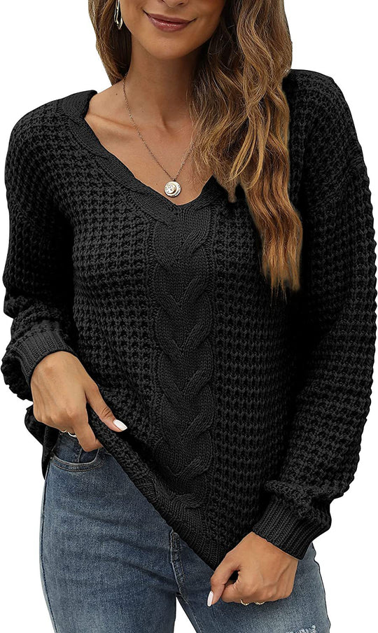 Damen lässiger Strickpullover mit tiefem V-Ausschnitt und detailliertem Zopfmuster R&B