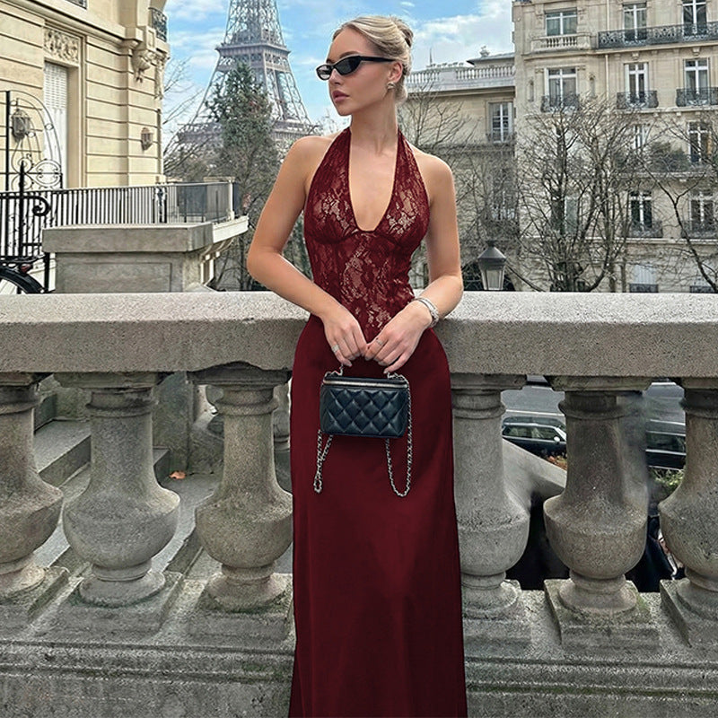Damen Elegantes Maxikleid mit tiefem V-Ausschnitt und Spitzeneinsatz R&B