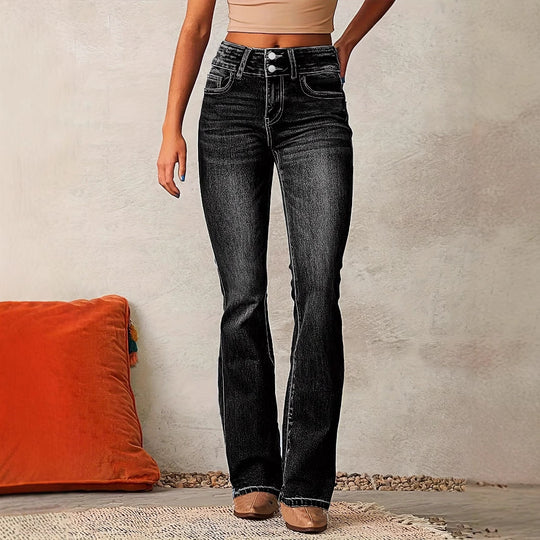 Damen Hohe Taille Flared Jeans mit dekorativen Knopfdetails und figurschmeichelndem Schnitt R&B